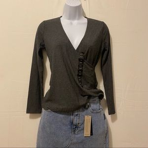 NWT Banana Republic V-Neck Ribbed Faux-Wrap Long-sleeve Shirt, Size PetiteXS